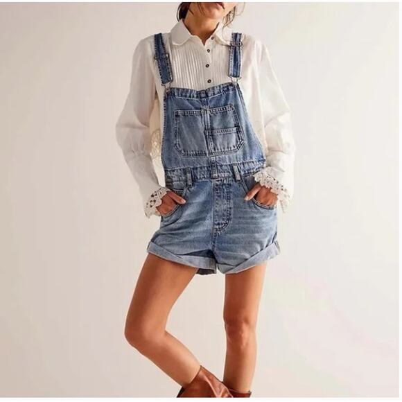 We the Free People Ziggy Denim Shortalls Short Overalls Size Large - Picture 1 of 10